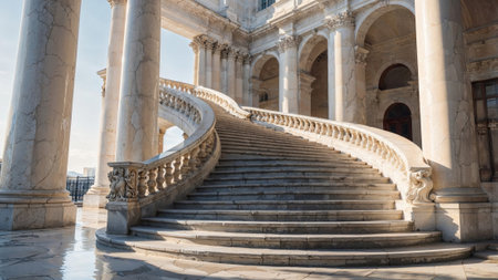 grand marble staircase with elegant curves and intricately carved balustrades, illuminated by soft natural light in a palatial architectural setting.の写真素材