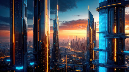 futuristic cityscape with towering skyscrapers, neon lights, and a vibrant sunset, blending technology with modern urban architecture.の写真素材
