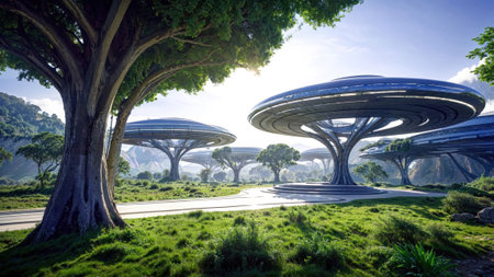 eco-city with futuristic structures resembling trees, seamlessly blending advanced architecture with lush greenery and natural landscapes.の写真素材