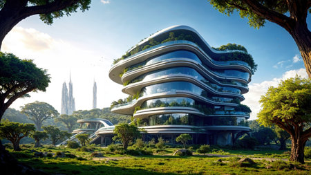 architectural marvel featuring green terraces and glass facades, blending innovation and...