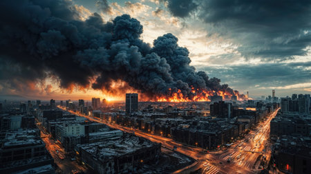 dramatic cityscape engulfed by raging flames and towering smoke under a fiery sunset, capturing the...