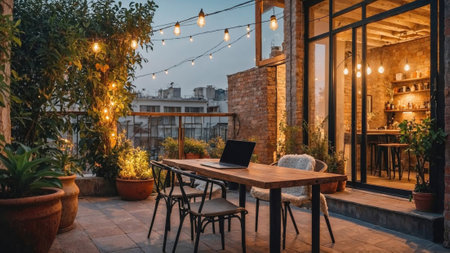 cozy outdoor workspace on a terrace with warm string lights, lush plants, a rustic wooden table, and a laptop, ideal for productive evenings in a serene urban setting.の写真素材