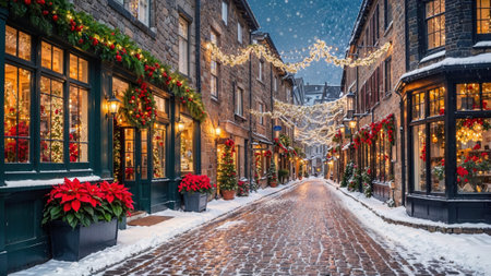 cobblestone street decorated with holiday lights, garlands, poinsettias, and glowing shop windows,...