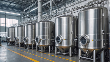 Modern brewery tanks in a spacious industrial facility, showcasing sleek stainless steel designs,...
