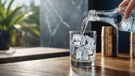 Refreshing water poured into a glass filled with ice cubes on a rustic wooden table, illuminated by natural light, creating a crisp and thirst-quenching visual.の写真素材
