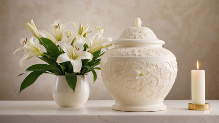elegant still life featuring a white floral arrangement of lilies in a ceramic vase, an ornate white urn, and a lit candle on a golden holder, creating a peaceful and timeless atmosphere.の写真素材