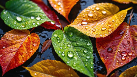close-up of colorful autumn leaves with glistening raindrops, creating a vibrant and refreshing display of nature's beauty in a mix of green, orange, red, and yellow hues.の写真素材