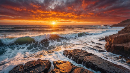 sunset over the ocean with crashing waves hitting rocky shorelines, bathed in warm orange and red hues from the sky, creating a vibrant and peaceful coastal landscape.の写真素材