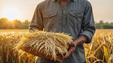 farmer holds a basket of freshly harvested golden wheat under the warm glow of the setting sun, symbolizing hard work, abundance, and the beauty of rural life.の写真素材