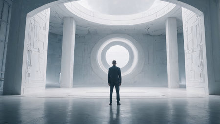 man in a suit stands in a futuristic white circular room with towering columns, minimalistic...