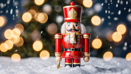 nutcracker toy stands in fresh snow against a backdrop of glowing holiday lights and bokeh,...