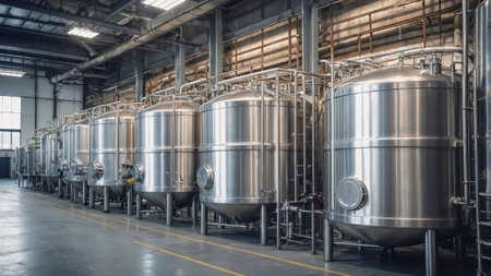 row of large, shiny stainless steel tanks in an industrial setting, symbolizing modern manufacturing and processing in a factory environment with clean lines and efficient design.の写真素材