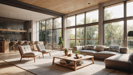 spacious, modern living room with a minimalist design, featuring a comfortable sofa, light wood accents, and large windows allowing natural light to fill the space, offering a serene, contemporary atmosphere.の写真素材