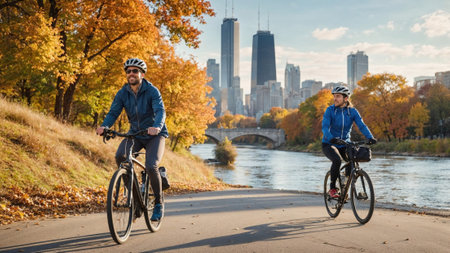 Two cyclists enjoy a scenic ride along a river in an autumn park, surrounded by colorful fall...