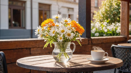outdoor cafe setting with a bouquet of fresh daisies in a pitcher and a steaming cup of coffee, offering a cozy and inviting atmosphere in a peaceful outdoor space.の写真素材