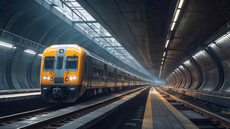 subway train glides through a tunnel with artificial lighting highlighting its sleek design, evoking...