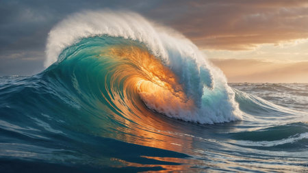 ocean wave curling with golden sunlight illuminating its turquoise interior, symbolizing the raw beauty and power of nature during a serene coastal sunrise.の写真素材
