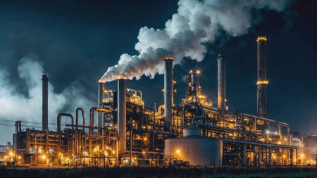 industrial factory at night, with smoke rising from chimneys and complex piping systems, representing energy production, industrialization, and modern engineering.の写真素材