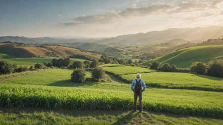 traveler gazes at rolling green hills under a golden sunset, showcasing the serenity and beauty of rural landscapes, exploration, and the connection to nature's vastness.の写真素材