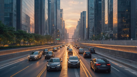 city street at sunset, featuring modern skyscrapers reflecting warm light, busy traffic, and a blend of urban life and architectural sophistication.の写真素材