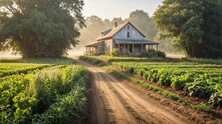 rustic wooden farmhouse surrounded by lush green fields and a winding dirt path, illuminated by soft morning light, exuding tranquility, simplicity, and rural charm.の写真素材