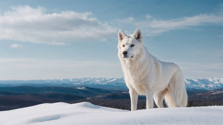 white dog standing confidently on a snowy mountain peak, with a bright blue sky and a panoramic view...