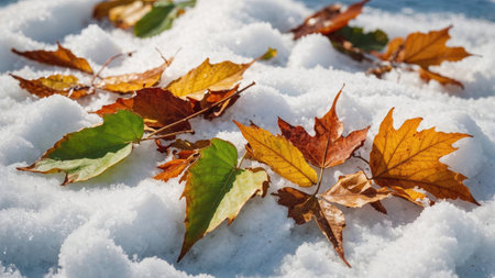 autumn leaves resting on fresh snow, capturing the contrast between fall and winter. A perfect...