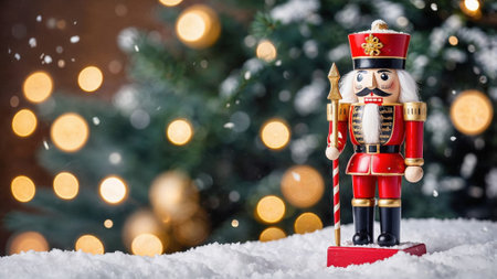 Christmas Nutcracker standing amidst snow, with a beautifully lit background of bokeh lights from a Christmas tree. This festive scene evokes warmth, holiday cheer, and nostalgia.の写真素材