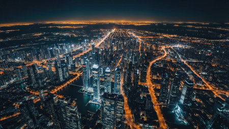 aerial view of a city at night, with a vast network of illuminated streets and towering skyscrapers....