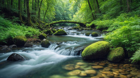 river flowing through a lush green forest, with moss-covered rocks lining the banks. The water flows gently, creating a peaceful atmosphere in this idyllic natural setting, surrounded by vibrant foliage.の写真素材