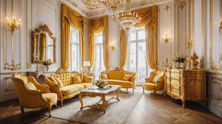 luxurious yellow-themed living room with ornate golden furniture, a chandelier, and elegant d