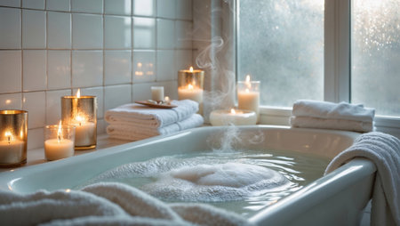 Luxurious spa bathroom with steaming bathtub, golden candles, white towels and peaceful ambiance for ultimate relaxation.の素材