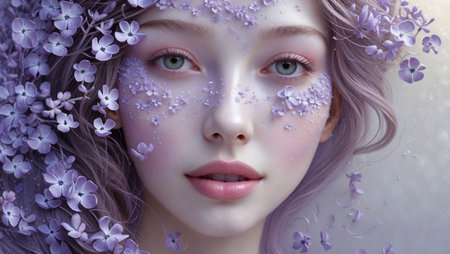 Enchanting portrait of a fantasy woman with lilac flowers in hair and on skin, evoking ethereal beauty, nature, and delicate spring magic in soft pastel tones.の素材