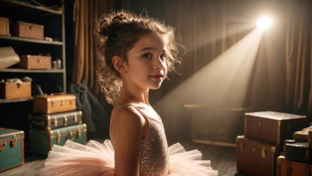 young ballerina stands gracefully in a spotlight, embodying the dreams, dedication, and enchanting world of dance and performance.の素材