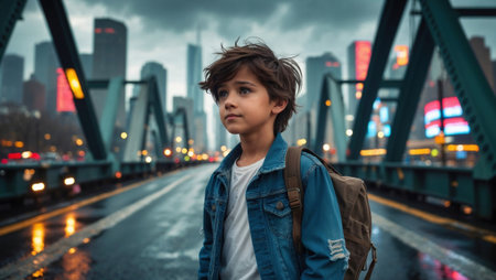 contemplative young boy with a backpack stands on a bridge, looking into the distance against a blurred city skyline.の素材