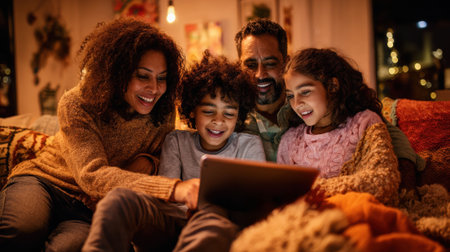 A joyful multi-ethnic family shares a warm moment, laughing together while watching content on a digital tablet at home.の素材