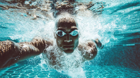 Powerful underwater shot of a male swimmer looking directly at the camera. Captures motion, determination, and intense training.の素材