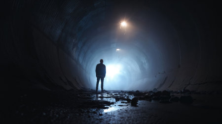 A solitary figure stands silhouetted at the end of a dark, industrial tunnel, walking towards a powerful light. A concept of hope.の素材