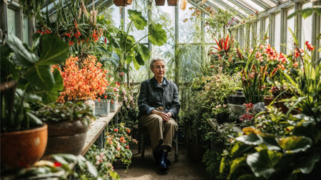 An elderly woman sits in a vibrant, sunlit greenhouse filled with plants and flowers. She is surrounded by lush green foliage and colorful blossoms.の素材
