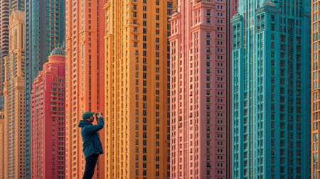 A man stands in front of a wall of colorful skyscrapers, taking a photo with his phone. The vibrant colors of the buildings create an eye-catching background.の素材