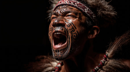 A traditional Maori warrior performs a haka, his face painted with intricate tribal tattoos. His intense, emotional expression is captured in a close-up portrait.の素材