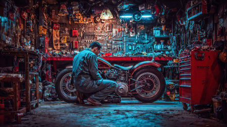 A man kneels and works on a vintage motorcycle in a cluttered garage, surrounded by tools and spare parts. The scene has a gritty, cinematic feel.の素材