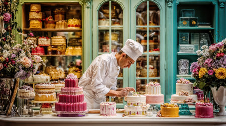 A professional baker meticulously decorates beautiful cakes and pastries in a brightly lit, elegant bakery.の素材