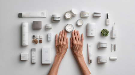 A beautiful flat lay showcases a diverse range of skincare products and aging hands, highlighting the journey of beauty and self-care across a lifetime with a clean, minimalist aesthetic.の素材