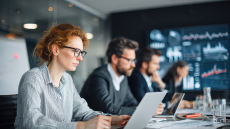 A diverse team of focused professionals works in a modern boardroom, collaborating on data and strategy with laptops and a large screen displaying business analytics.の素材