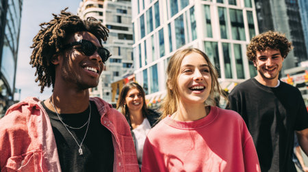 A joyful, diverse group of young friends walks together in a vibrant city, laughing and enjoying a sunny day, showcasing a sense of freedom, youth, and urban lifestyle.の素材