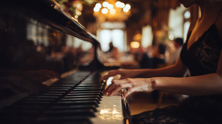 A musician elegantly plays a grand piano, capturing the sophisticated ambiance of a live performance with a focus on her hands and the beautiful instrument.の素材