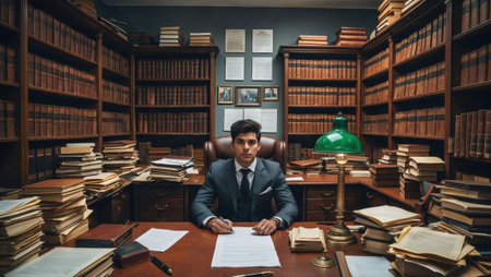 A focused young lawyer sits at a cluttered desk in a classic law office, surrounded by towering bookshelves and stacks of papers, symbolizing hard work, knowledge, and justice.の素材