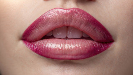 A mesmerizing close-up of a woman's full, perfectly shaped lips with a vibrant pink-to-magenta ombre lipstick, symbolizing beauty, makeup, and sensuality.の素材