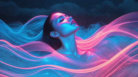 A tranquil woman with closed eyes is enveloped by swirling, neon-pink and blue light streams, creating a dreamy, ethereal fantasy scene of cosmic and spiritual energy.の素材